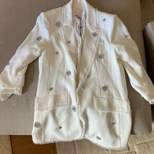 cinq a sept White Embellished Fringe-Trim Blazer